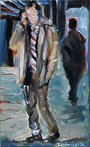 Linie 4.1, Mann mit Handy wartend auf die Straßenbahn, gemalt mit Ölfarben